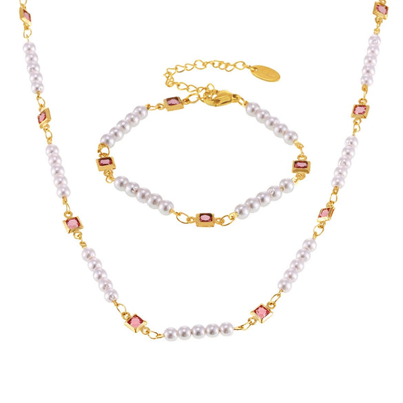Wholesale Women's Minimalist Ferris Wheel Inlaid Square Zircon Imitation Pearl Titanium Steel Electroplated Necklace And Bracelet Jewelry Set