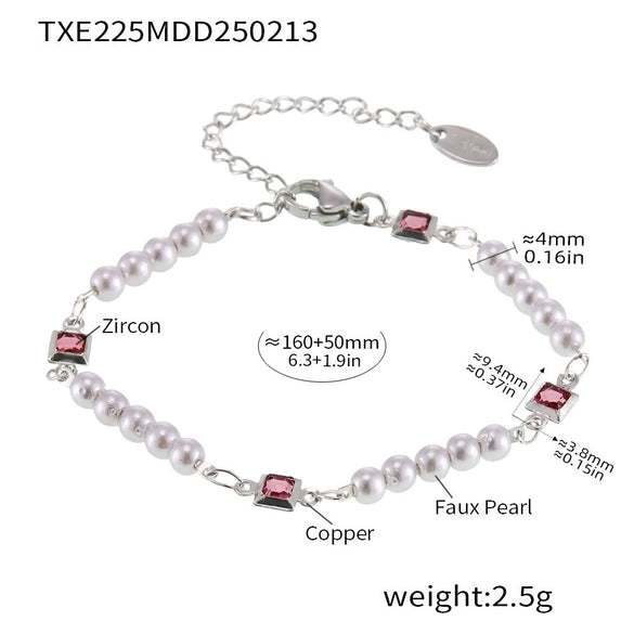 Wholesale Women's Minimalist Ferris Wheel Inlaid Square Zircon Imitation Pearl Titanium Steel Electroplated Necklace And Bracelet Jewelry Set
