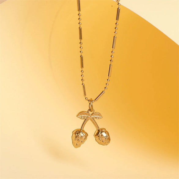 Wholesale Women's Minimalist Geometric Cherry Pendant Necklace Stainless Steel 18K Gold Electroplated Bamboo Chain Jewelry