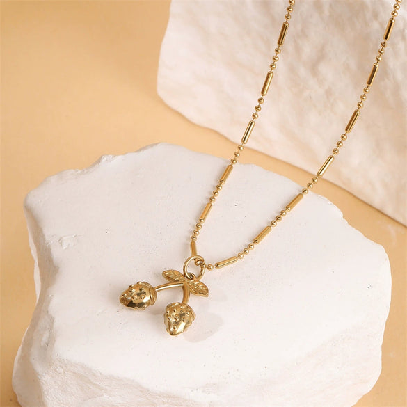 Wholesale Women's Minimalist Geometric Cherry Pendant Necklace Stainless Steel 18K Gold Electroplated Bamboo Chain Jewelry