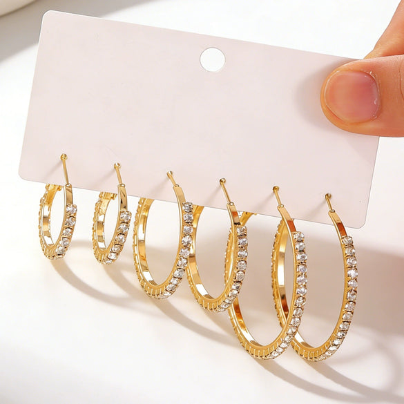 Wholesale Women's Minimalist Geometric Diamond Iron Earrings With 14K Gold Ear Needles Set Of 3 Pairs