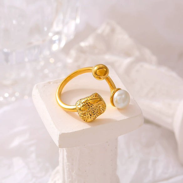 Wholesale Women's Minimalist Geometric Freshwater Pearl Ball Hollow Shaped Titanium Steel 18K Gold Plated Pvd Ring
