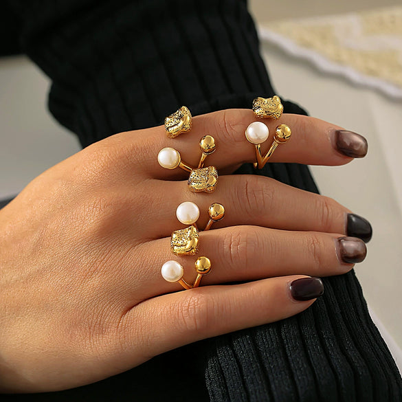 Wholesale Women's Minimalist Geometric Freshwater Pearl Ball Hollow Shaped Titanium Steel 18K Gold Plated Pvd Ring