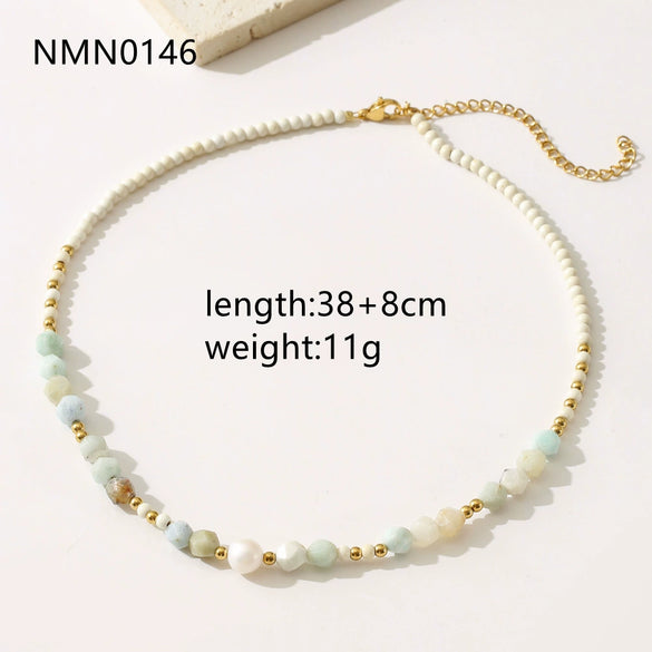 Wholesale Women's Minimalist Geometric Handmade Beaded Titanium Steel Necklace With Natural Stone And 18K Electroplated Design