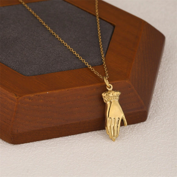Wholesale Women's Minimalist Geometric Handshaped 18K Gold Plated Stainless Steel Pendant Necklace With Cross Chain