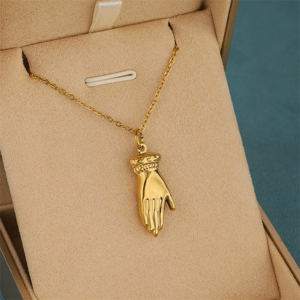 Wholesale Women's Minimalist Geometric Handshaped 18K Gold Plated Stainless Steel Pendant Necklace With Cross Chain