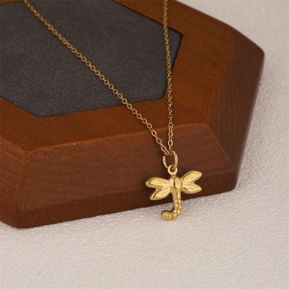 Wholesale Women's Minimalist Geometric 18K Goldplated Stainless Steel Dragonfly Pendant Cross Chain Necklace