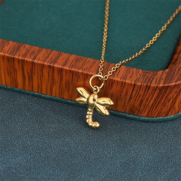 Wholesale Women's Minimalist Geometric 18K Goldplated Stainless Steel Dragonfly Pendant Cross Chain Necklace