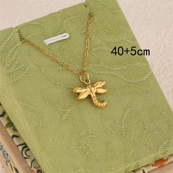 Wholesale Women's Minimalist Geometric 18K Goldplated Stainless Steel Dragonfly Pendant Cross Chain Necklace