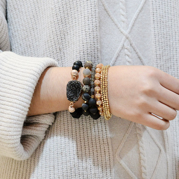 Wholesale Women's Minimalist Geometric Natural Matte Stone Agate Crystal Multilayered Bracelet
