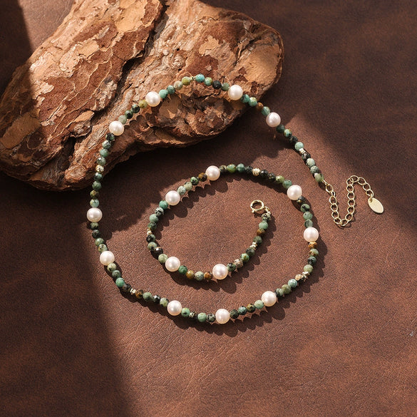 Wholesale Women's Minimalist Geometric Natural Stone Pearl Turquoise Layered S925 Silver Electroplated Necklace Cross Chain