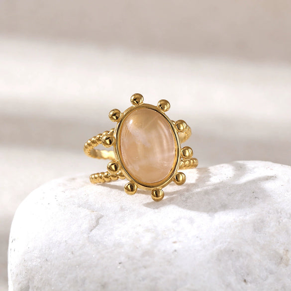 Wholesale Women's Minimalist Geometric Open Ring With Electroplating Titanium Steel And Rose Quartz Inlay