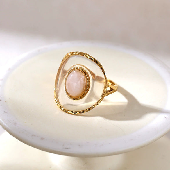Wholesale Women's Minimalist Geometric Open Ring With Electroplating Titanium Steel And Rose Quartz Inlay