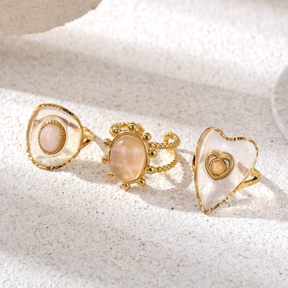 Wholesale Women's Minimalist Geometric Open Ring With Electroplating Titanium Steel And Rose Quartz Inlay