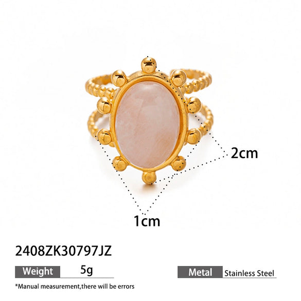 Wholesale Women's Minimalist Geometric Open Ring With Electroplating Titanium Steel And Rose Quartz Inlay