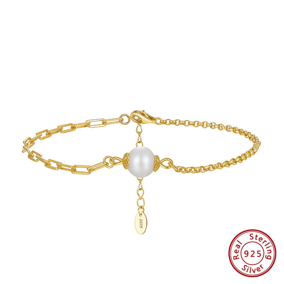 Wholesale Women's Minimalist Geometric S925 Sterling Silver Gold Plated Freshwater Pearl Bracelet