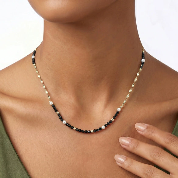 Wholesale Women's Minimalist Geometric 925 Silver Black Tourmaline Pearl 14K Goldplated Beaded Necklace