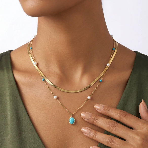 Wholesale Women's Minimalist Geometric 925 Silver Electroplated Cross Chain Necklace With Turquoise Pendant