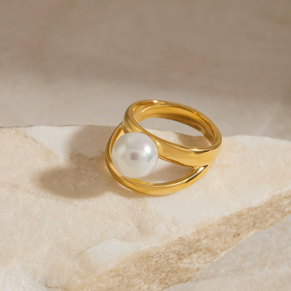 Wholesale Women's Minimalist Geometric Stainless Steel Doublelayer Pearl Cut Out Ring Jewelry Electroplated