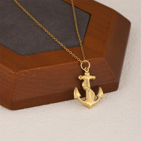 Wholesale Women's Minimalist Geometric Stainless Steel 18K Gold Electroplated Anchor Cross Chain Pendant Clavicle Necklace