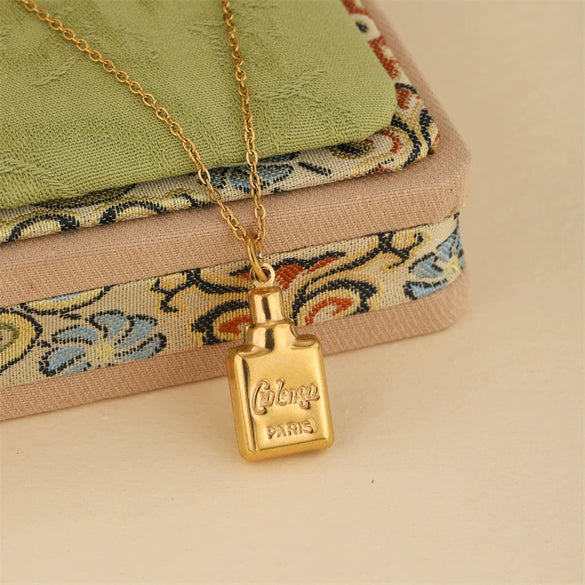 Wholesale Women's Minimalist Geometric Stainless Steel 18K Gold Plated Perfume Bottle Pendant Necklace With Cross Chain