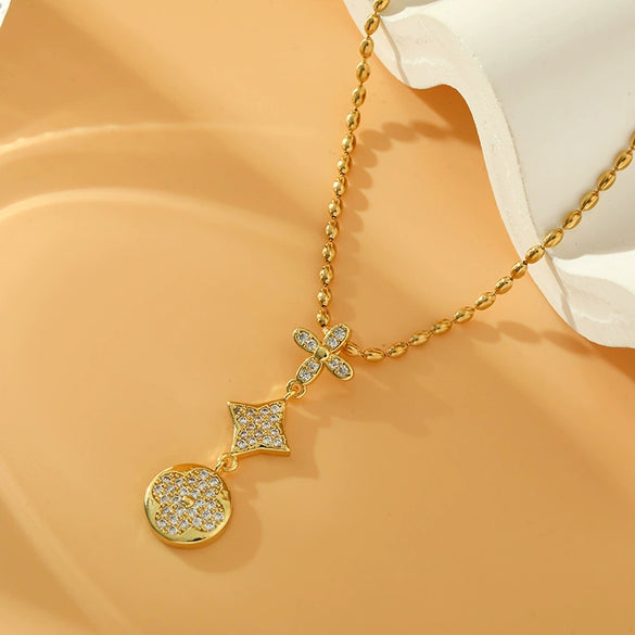 Wholesale Women's Minimalist Geometric Stainless Steel Microembedded Clavicle Necklace With Mixed Gemstone Setting And Rice Bead Chain And Electroplating Design