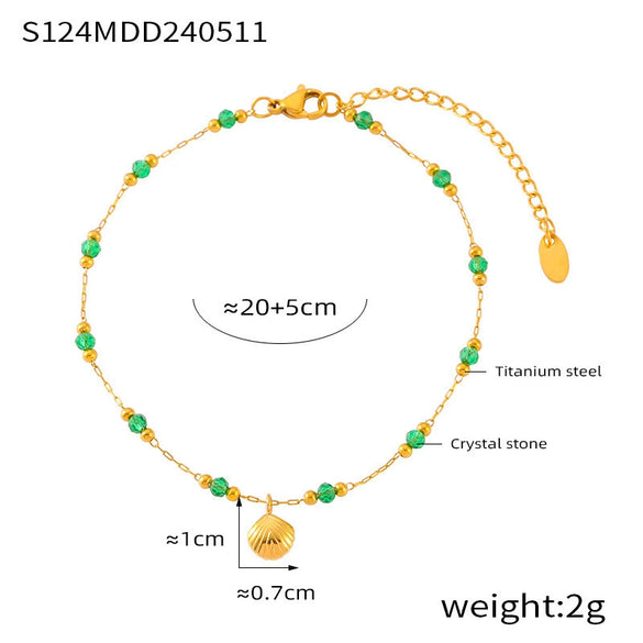 Wholesale Women's Minimalist Geometric Titanium Steel Gold Plated Anklet With Shell Bric Pendant And Green Bead