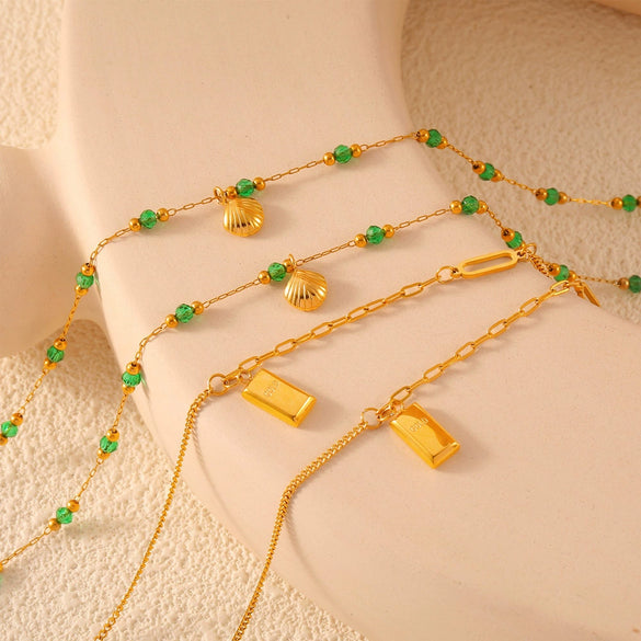Wholesale Women's Minimalist Geometric Titanium Steel Gold Plated Anklet With Shell Bric Pendant And Green Bead