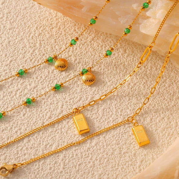 Wholesale Women's Minimalist Geometric Titanium Steel Gold Plated Anklet With Shell Bric Pendant And Green Bead