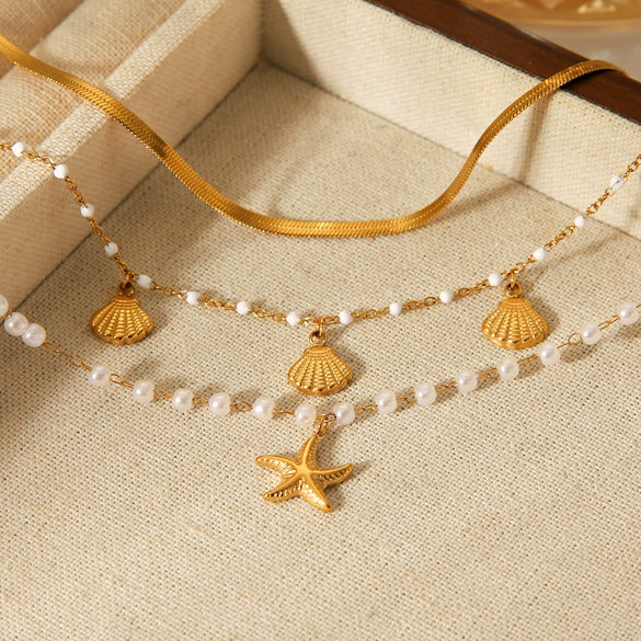 Wholesale Women's Minimalist Ins Style Geometric Stainless Steel Electroplated Bracelet Set With Shell And Starfish Pendant