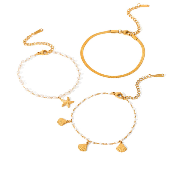 Wholesale Women's Minimalist Ins Style Geometric Stainless Steel Electroplated Bracelet Set With Shell And Starfish Pendant