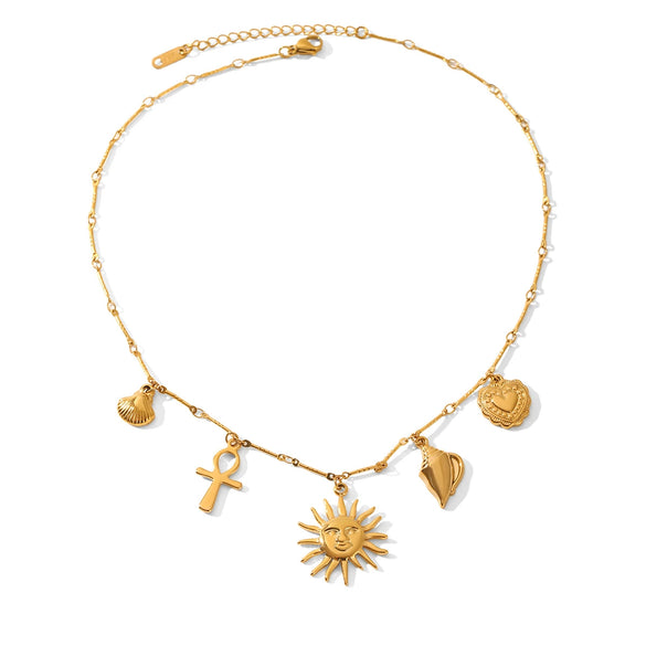 Wholesale Women's Minimalist Ins Style Gold Plated Geometric Stainless Steel Handmade Chain Necklace With Sun Heart Conch Shell Cross Pendant