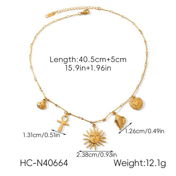 Wholesale Women's Minimalist Ins Style Gold Plated Geometric Stainless Steel Handmade Chain Necklace With Sun Heart Conch Shell Cross Pendant