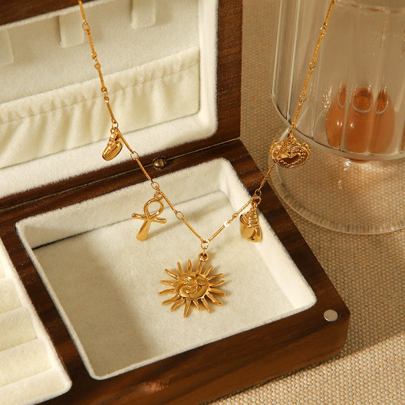 Wholesale Women's Minimalist Ins Style Gold Plated Geometric Stainless Steel Handmade Chain Necklace With Sun Heart Conch Shell Cross Pendant