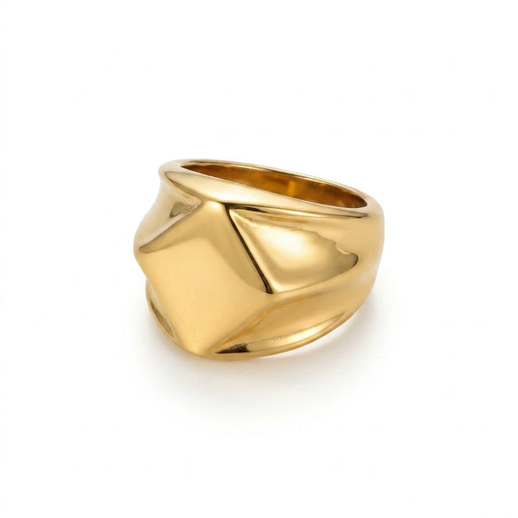 Wholesale Women's Minimalist 18K Gold Texture Wide Metal Ring With Faceted Design Electroplated
