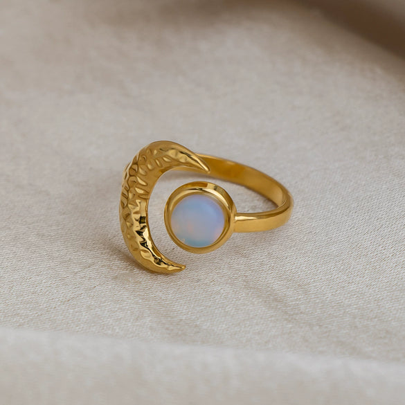 Wholesale Women's Minimalist Moon Opal Open Ring Stainless Steel 18K Gold Vacuum Plated Jewelry