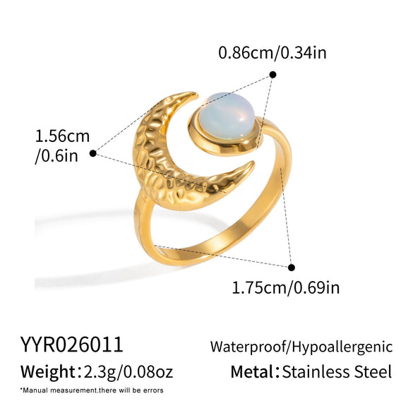Wholesale Women's Minimalist Moon Opal Open Ring Stainless Steel 18K Gold Vacuum Plated Jewelry