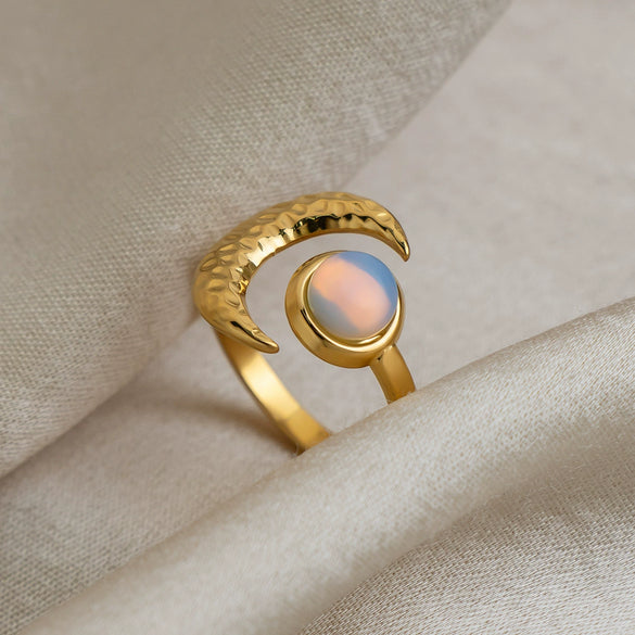 Wholesale Women's Minimalist Moon Opal Open Ring Stainless Steel 18K Gold Vacuum Plated Jewelry