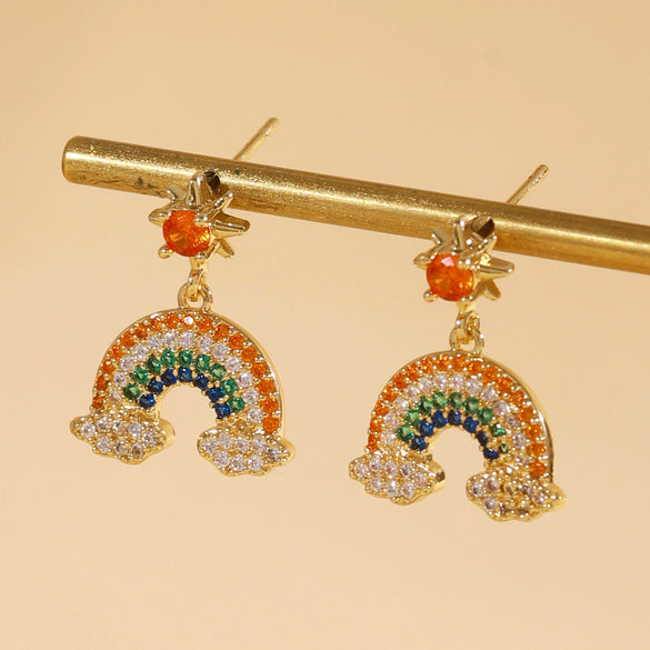 Wholesale Women's Minimalist Rainbow Cloud Sunstone Copper Earrings 14K Gold Plated With Colorful Zircon