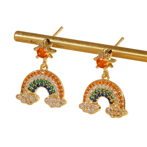 Wholesale Women's Minimalist Rainbow Cloud Sunstone Copper Earrings 14K Gold Plated With Colorful Zircon