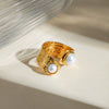 Wholesale Women's Minimalist Stainless Steel Geometric Open Pearl Ring With 18K Gold Electroplating
