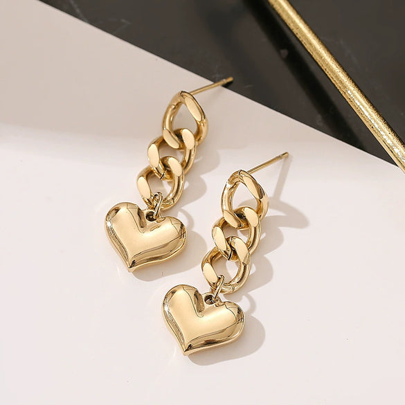 Wholesale Women's Minimalist Stainless Steel Heart Shape Electroplated Earrings With 14K Gold Chain