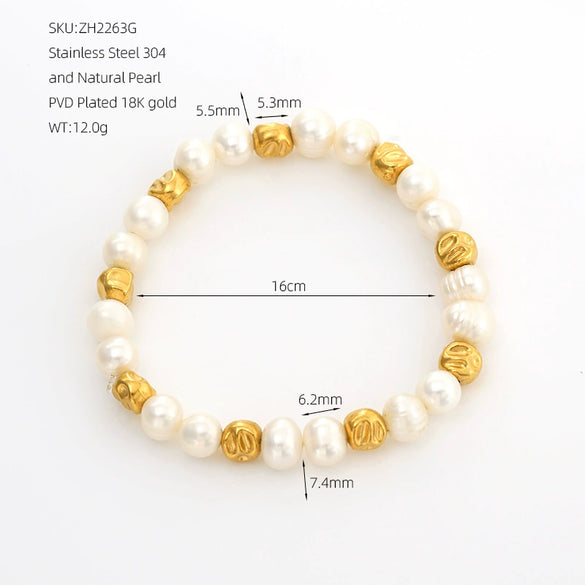 Wholesale Women's Minimalist Stainless Steel Natural Pearl Round Beads Hand Beaded Bracelet
