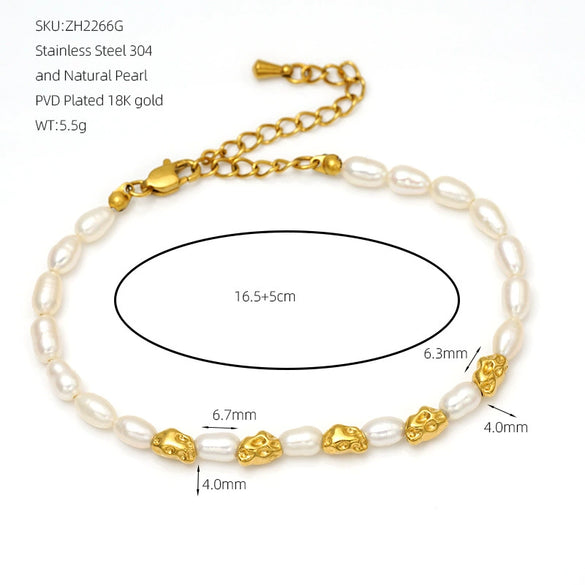 Wholesale Women's Minimalist Stainless Steel Natural Pearl Round Beads Hand Beaded Bracelet