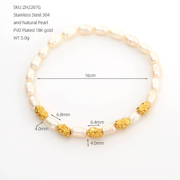 Wholesale Women's Minimalist Stainless Steel Natural Pearl Round Beads Hand Beaded Bracelet