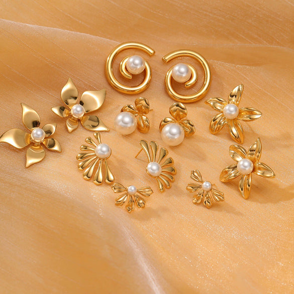 Wholesale Women's Minimalist Stainless Steel Pearl Flower Electroplated Highend Exaggerated Design Earrings