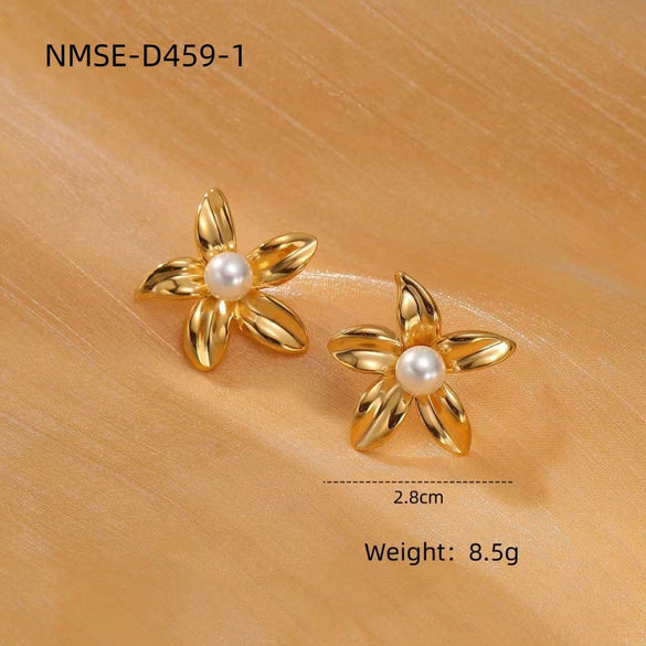 Wholesale Women's Minimalist Stainless Steel Pearl Flower Electroplated Highend Exaggerated Design Earrings