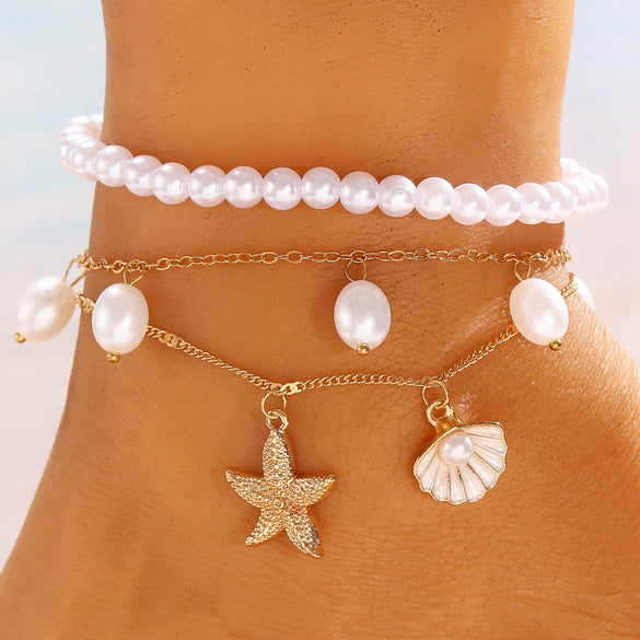 Wholesale Women's Minimalist Starfish Anklet Set Alloy Beaded Decoration Accessories