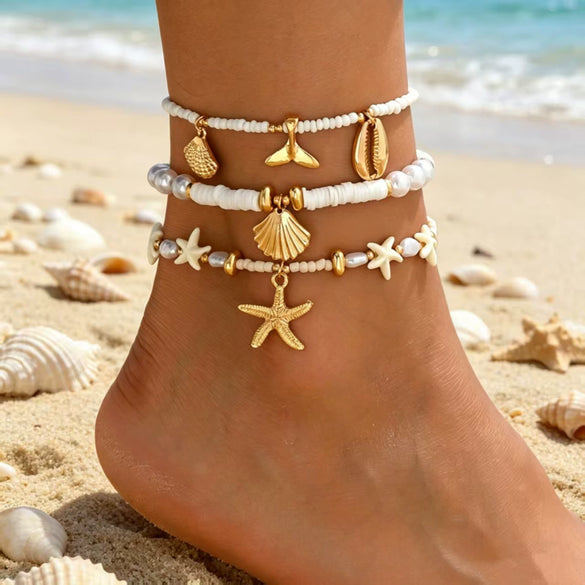 Wholesale Women's Minimalist Starfish Anklet Set Alloy Beaded Decoration Accessories