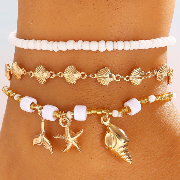 Wholesale Women's Minimalist Starfish Anklet Set Alloy Beaded Decoration Accessories